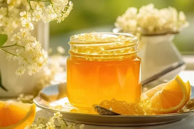 Hausgemachtes Holunderblütengelee im Glas mit frischen Holunderblüten