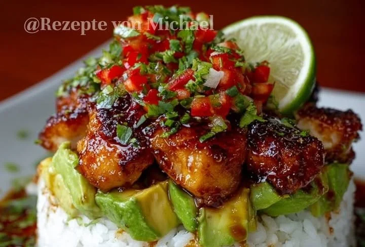 Honig-Limetten-Hühnchen mit Avocado-Reis auf einem Teller angerichtet