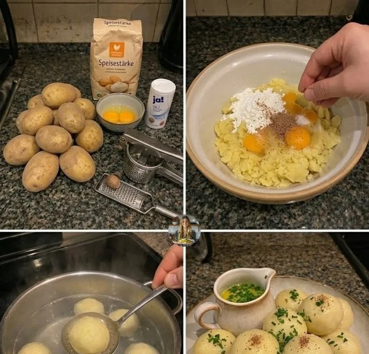 Kartoffelknödel serviert mit Sauce und Beilagen auf einem Teller