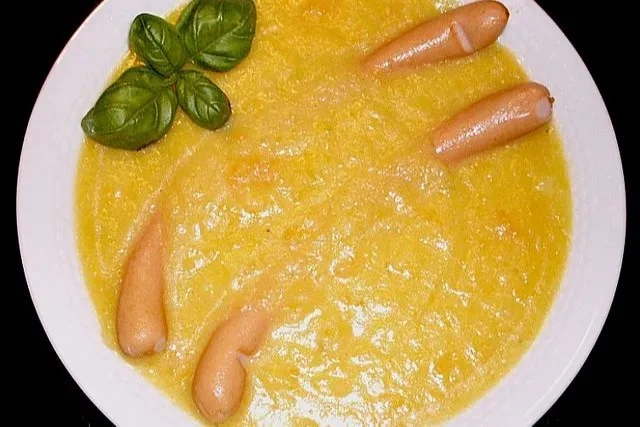 Cremige Kartoffelrahmsuppe serviert in einer Schüssel mit frischen Kräutern.