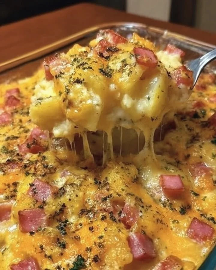 Leckerer Käse-Kartoffel-Auflauf mit Schinken, perfekt für ein herzhaftes Familieneessen.