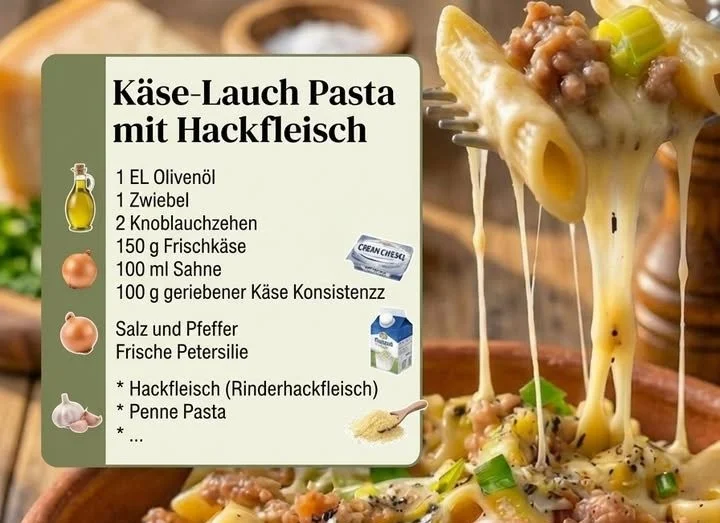 Cremige Käse-Lauch-Pasta auf einem Teller, perfekt zubereitet.
