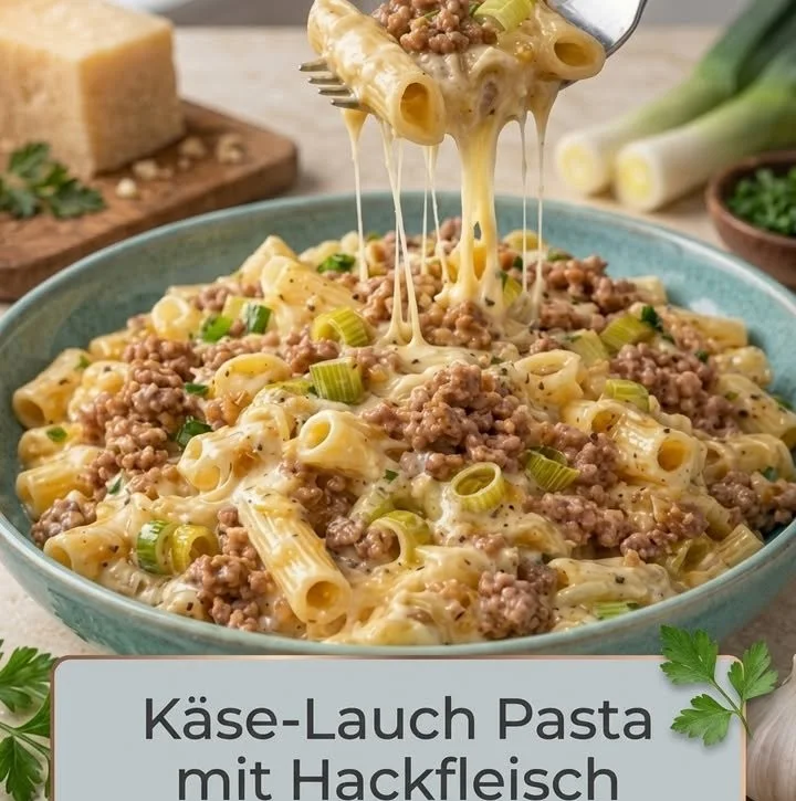 Ein Teller Käse-Lauch-Pasta mit Hackfleisch, garniert mit Käse