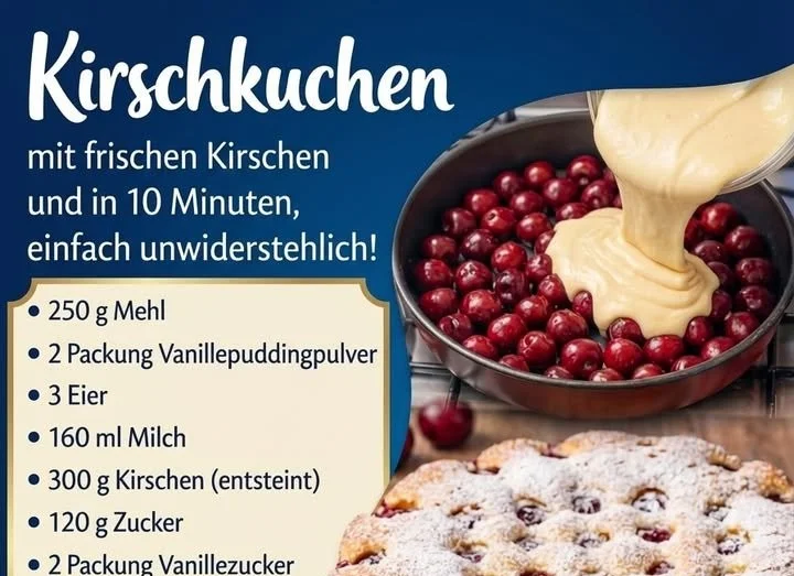 Kirschkuchen mit frischen Kirschen auf einem weißen Teller