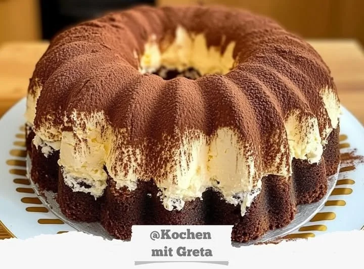 Klassischer Schoko-Gugelhupf mit Mascarpone-Swirl auf einem Teller