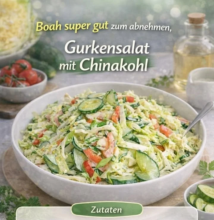 Frischer Chinakohl-Gurkensalat in einer bunten Schüssel anrichten