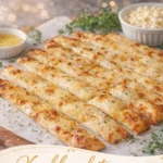 Schmackhafte Knoblauch-Brötchen auf einem Holzbrett serviert