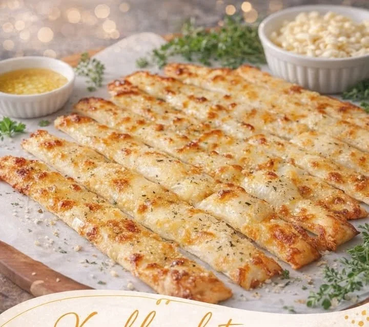 Schmackhafte Knoblauch-Brötchen auf einem Holzbrett serviert