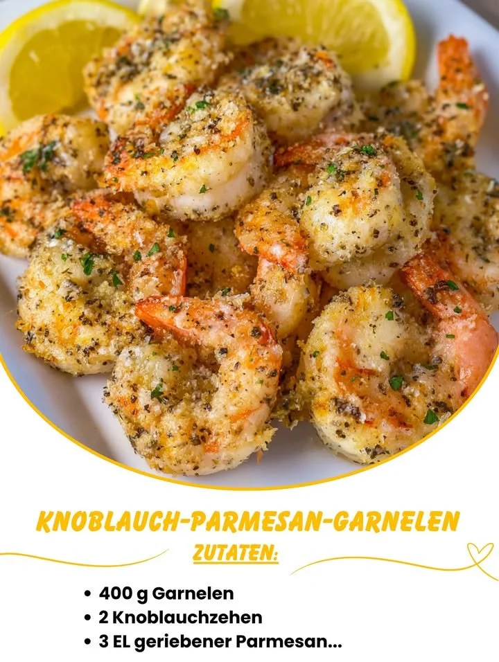 Köstliche Knoblauch-Parmesan-Garnelen aus der Heißluftfritteuse serviert auf einem Teller.