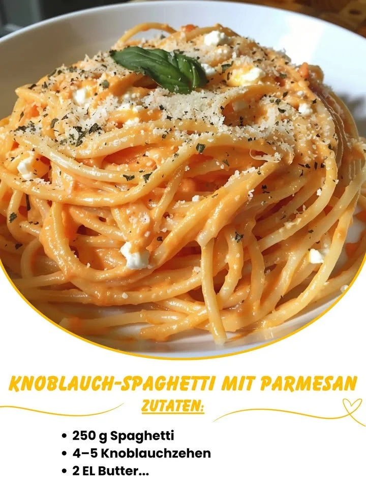 Knoblauch-Spaghetti mit Parmesan auf einem Teller serviert