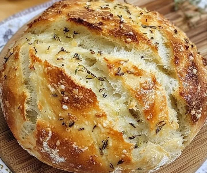 Knoblauchbrot ohne Kneten frisch gebacken auf einem Holzbrett
