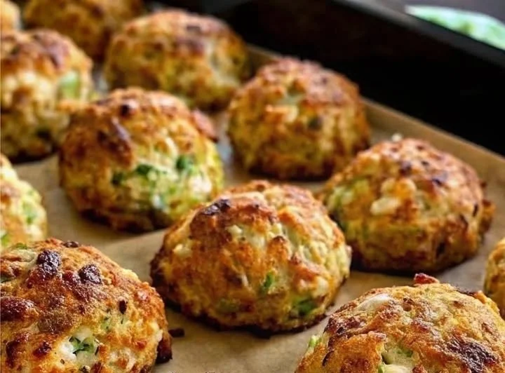 Knusprige Zucchini-Feta-Bällchen frisch aus dem Ofen auf einem Teller.