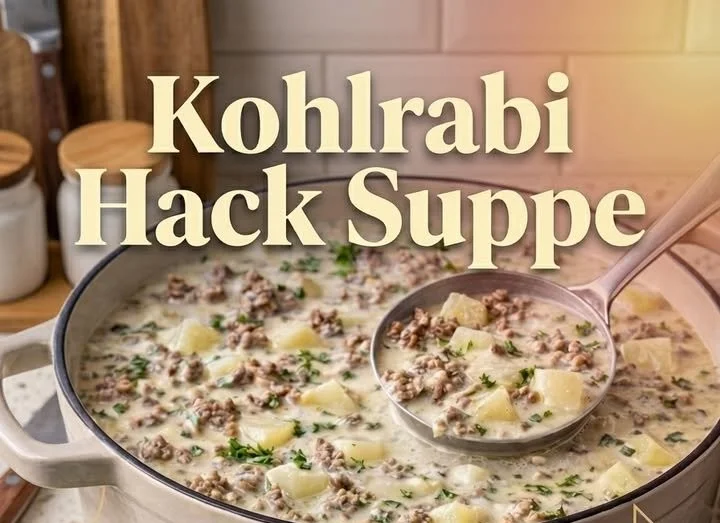 Schüssel mit köstlicher Kohlrabi-Hack-Suppe auf einem Tisch serviert.