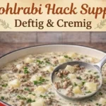 Kohlrabi-Suppe in einer Schüssel, garniert mit frischen Kräutern