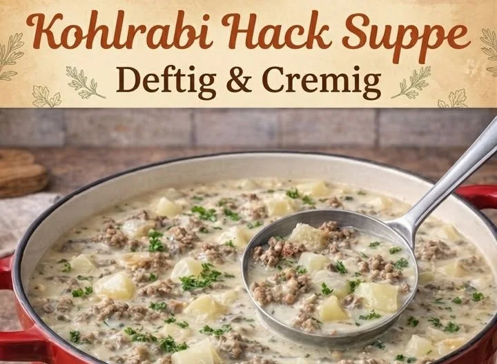 Kohlrabi-Suppe in einer Schüssel, garniert mit frischen Kräutern