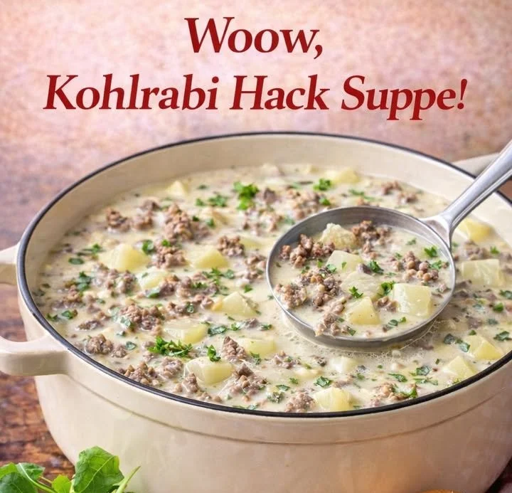 Schüssel mit Kohlrabisuppe mit Hackfleisch auf einem Holzuntergrund