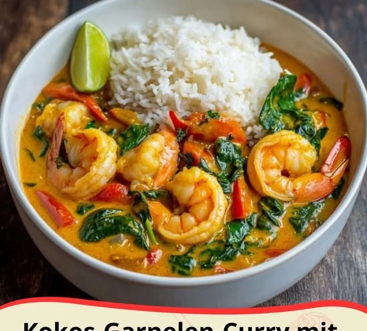 Kokos-Garnelen-Curry serviert mit duftendem Jasminreis