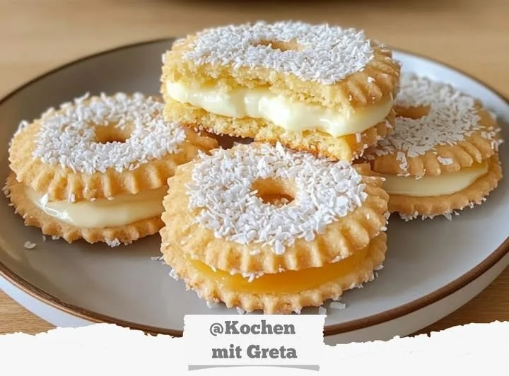 Kokosplätzchen gefüllt mit weißer Schokolade auf einem Teller