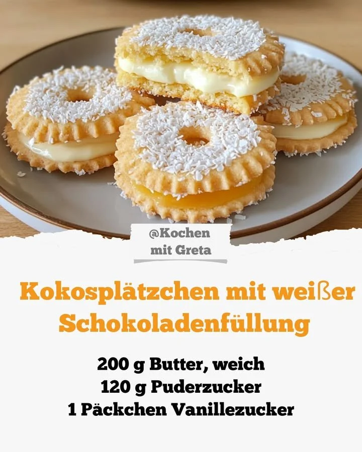 Kokosplätzchen mit weißer Schokoladenfüllung auf einem Teller