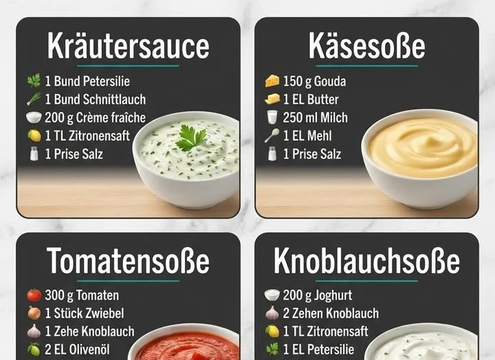Auswahl verschiedener Soßen wie Kräutersauce, Käsesoße und Tomatensoße.