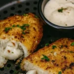 Krosse Luftfritteuse Brot-Cod auf einem Teller serviert.