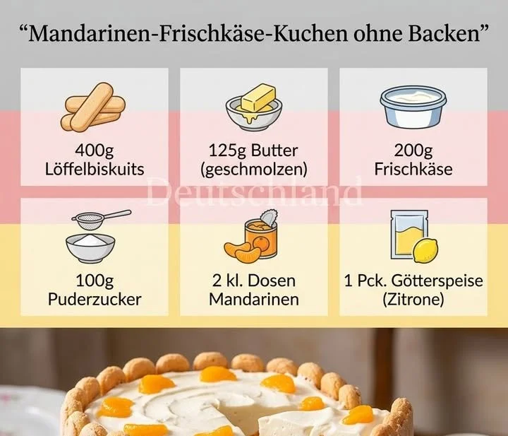 Kühlschrankkuchen mit Mandarinen und Frischkäse auf einem Teller