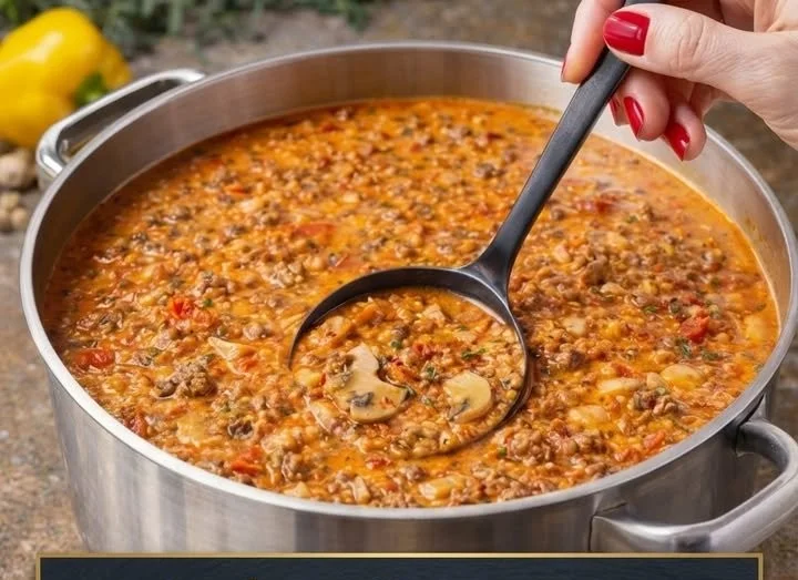 Schüssel mit leckere Pizzasuppe, garniert mit frischen Kräutern und Käse.