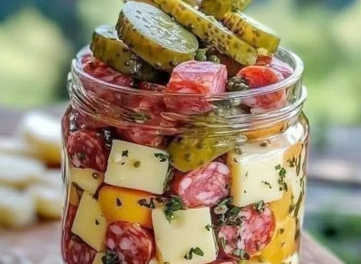 Leicht marinierte Käse-Vorspeise mit Salami und Gurken auf einem Teller.