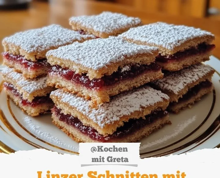 Leckere Linzer Schnitten mit Marmelade und Nüssen auf einem Teller