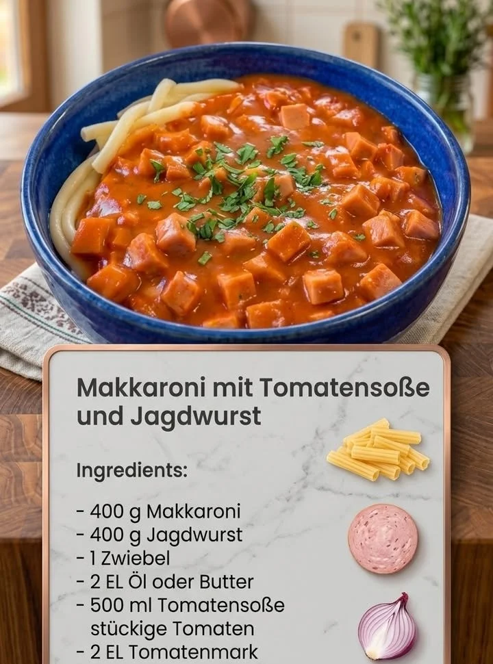 Leckere Makkaroni mit Tomatensoße und Jagdwurst auf einem Teller serviert.