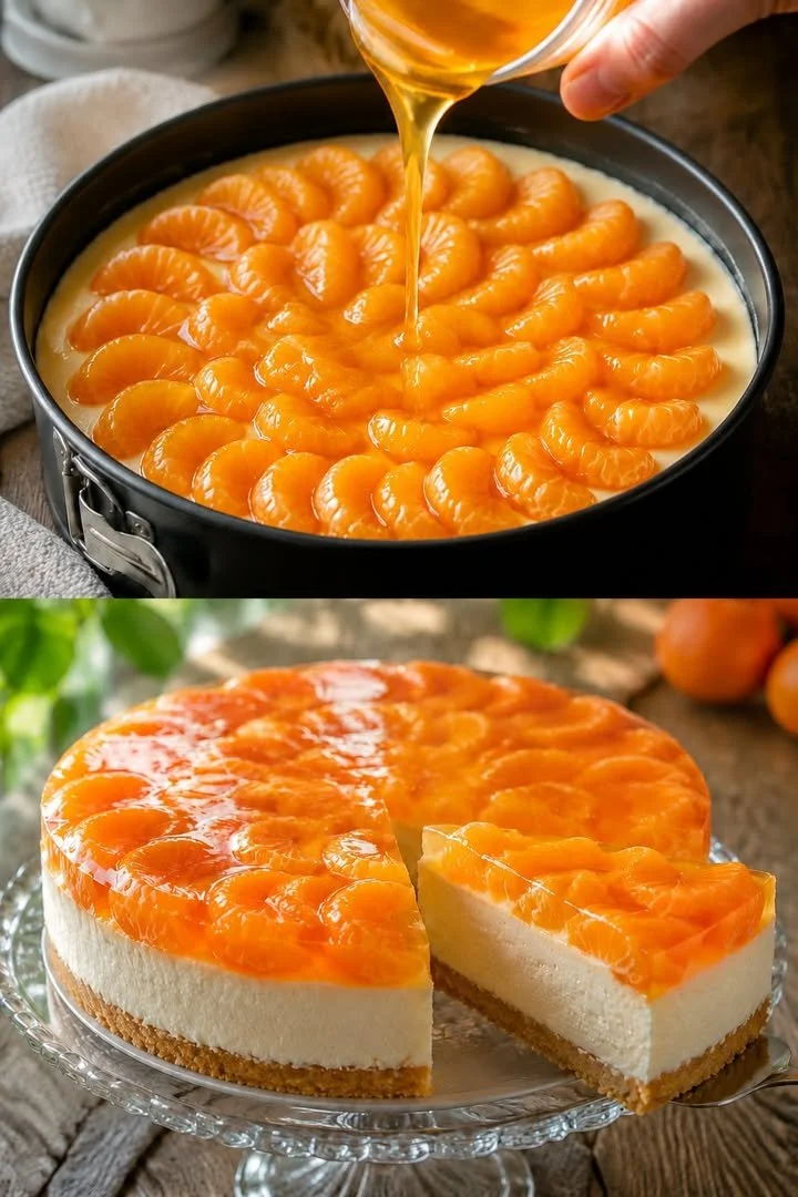 Mandarinen-Cheesecake ohne Backen auf einem Teller serviert