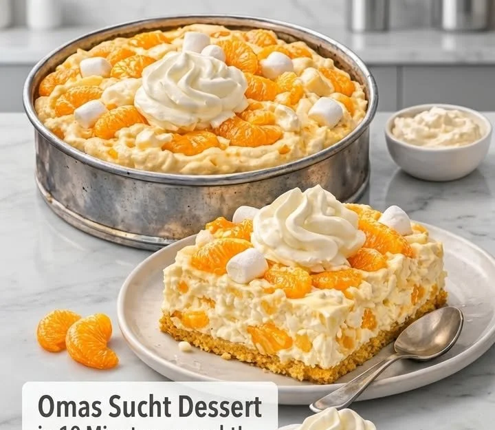 Mandarinen-Quark-Dessert vom Blech auf einem Teller serviert.