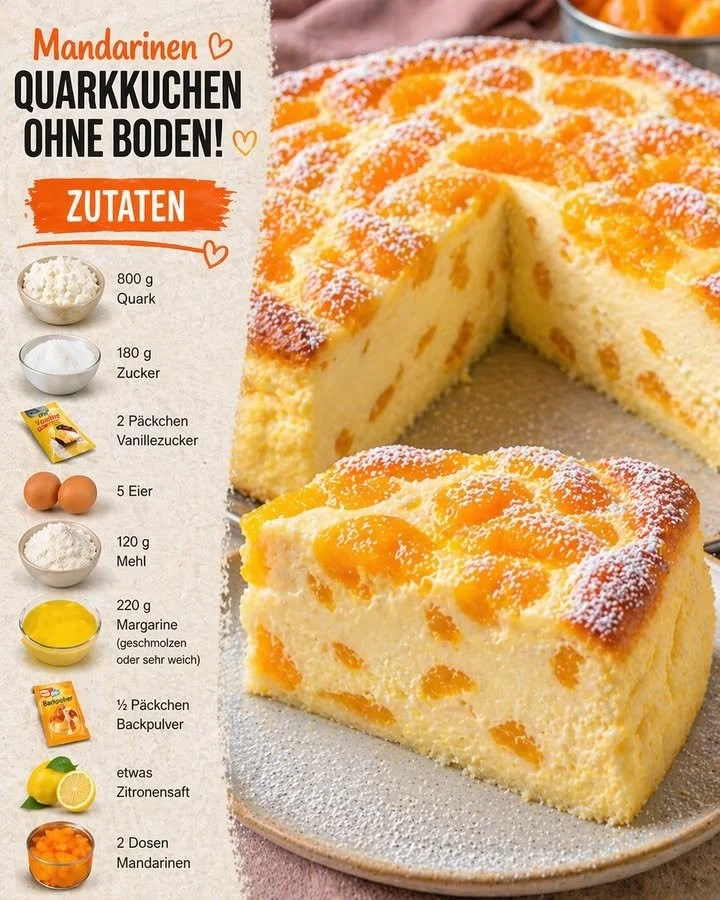 Leckerer Mandarinen Quarkkuchen mit frischen Mandarinen und Quark.