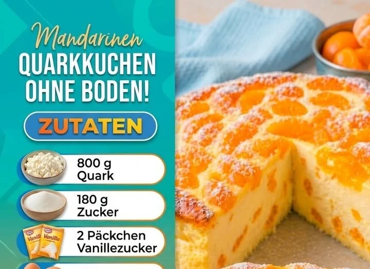 Mandarinen Quarkkuchen ohne Boden auf einem Teller serviert