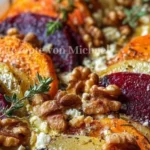 Mediterranes Layer Bake mit Rote Beete, Süßkartoffeln, Feta und Walnüssen in einer Auflaufform.