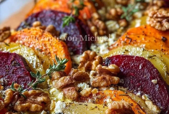 Mediterranes Layer Bake mit Rote Beete, Süßkartoffeln, Feta und Walnüssen in einer Auflaufform.