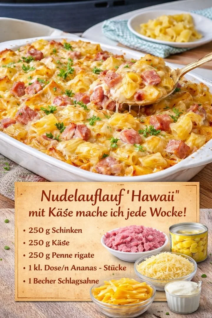 Nudelauflauf 'Hawaii' mit Ananas und Schinken im Ofen gebacken