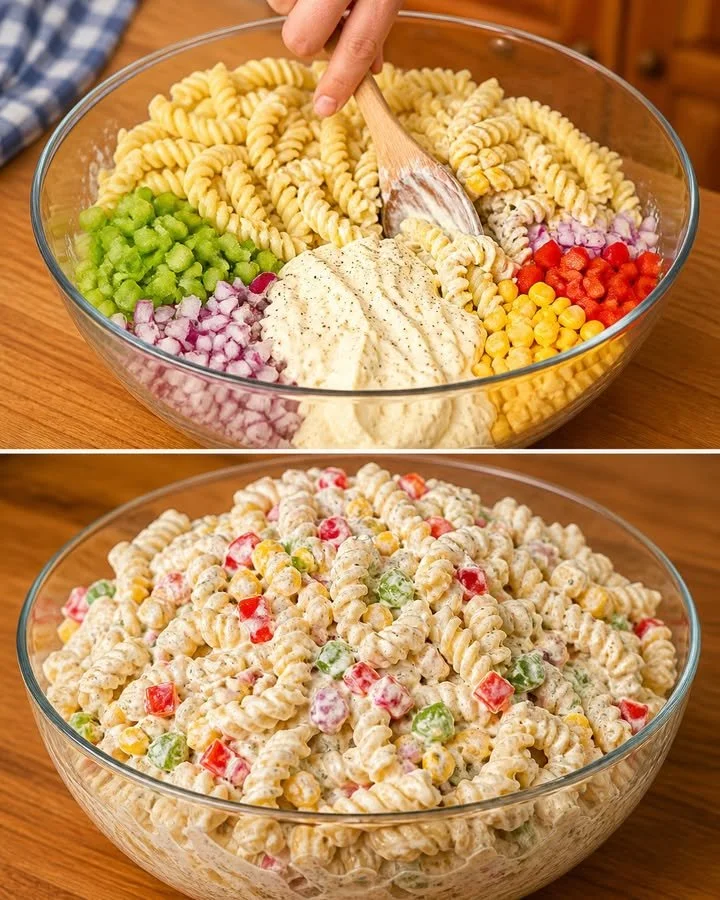 Nudelsalat mit Joghurtsoße auf einem bunten Teller