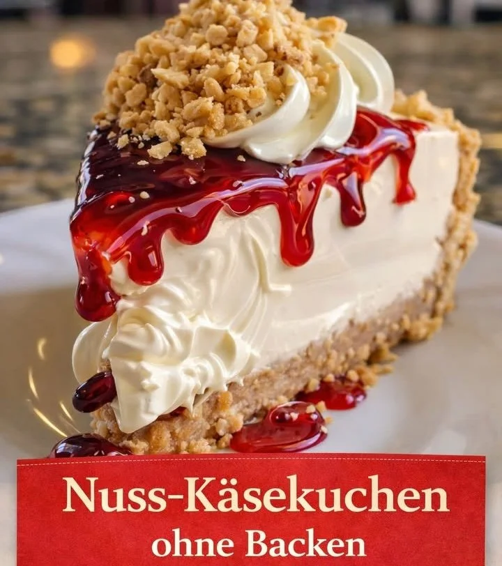 Nuss-Käsekuchen ohne backen auf einem Teller serviert