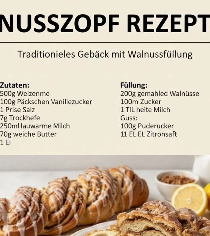 Frischer Nusszopf auf einem Teller mit Nüssen und Puderzucker garniert.