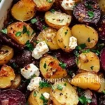 Ofenkartoffeln mit Roter Bete, Feta und karamellisierten Zwiebeln auf einem Teller