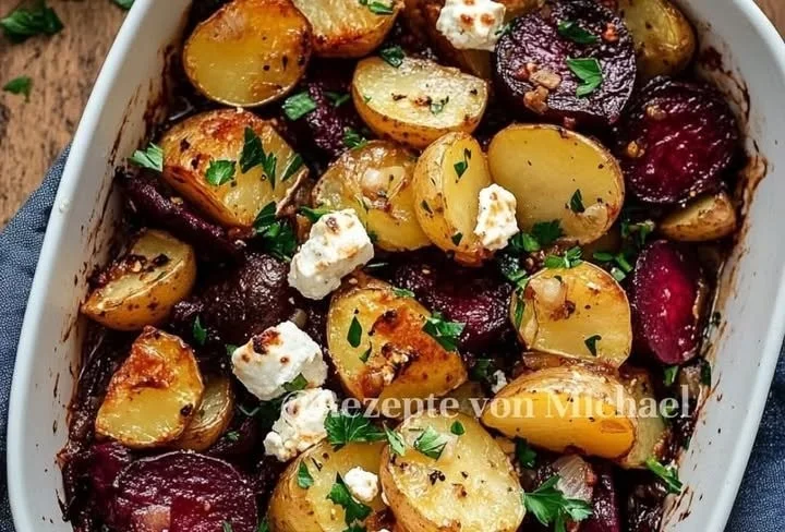 Ofenkartoffeln mit Roter Bete, Feta und karamellisierten Zwiebeln auf einem Teller