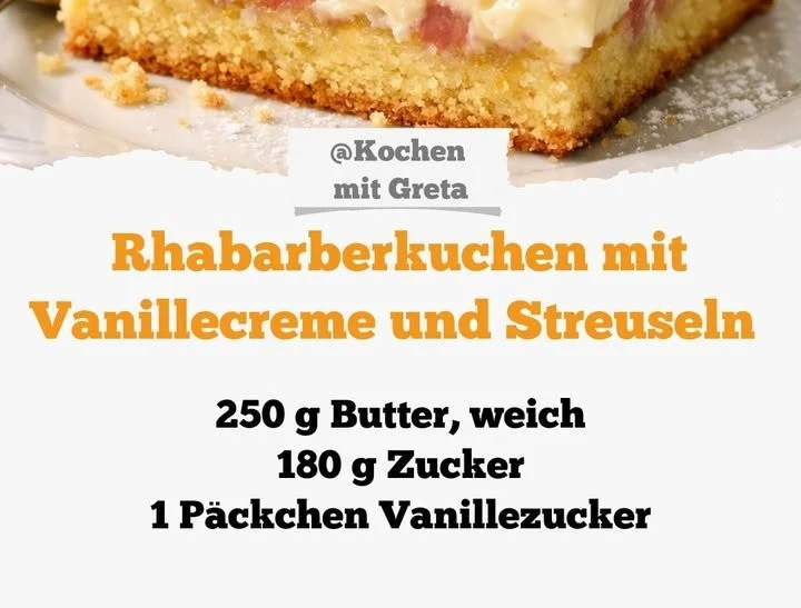 Omas köstlicher Rhabarber-Streuselkuchen mit Vanillecreme auf einem Teller
