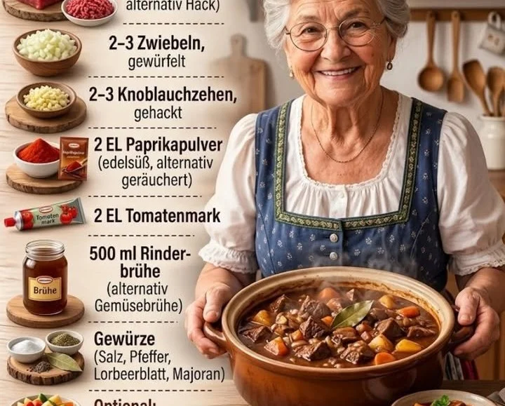 Omas uraltes Gulasch-Rezept in einer Schüssel, serviert mit frischem Brot