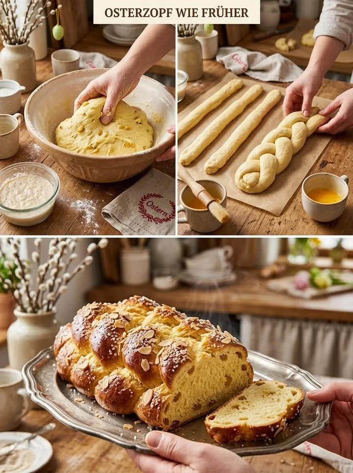 Frisch gebackener Osterzopf auf einem weißen Teller