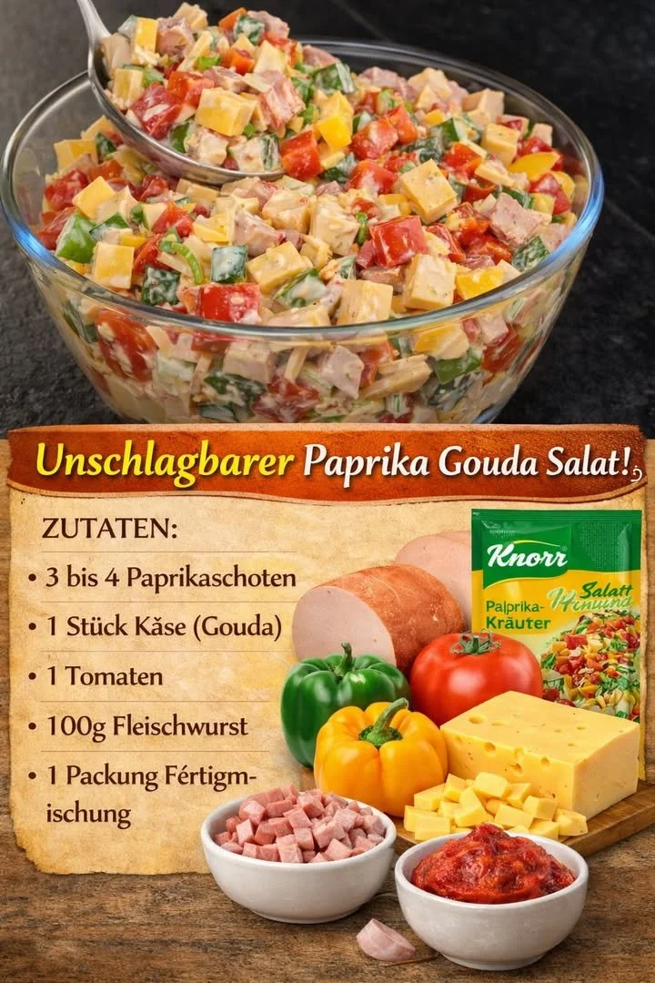 Paprika Gouda Salat mit Fleischwurst auf einem Teller angerichtet