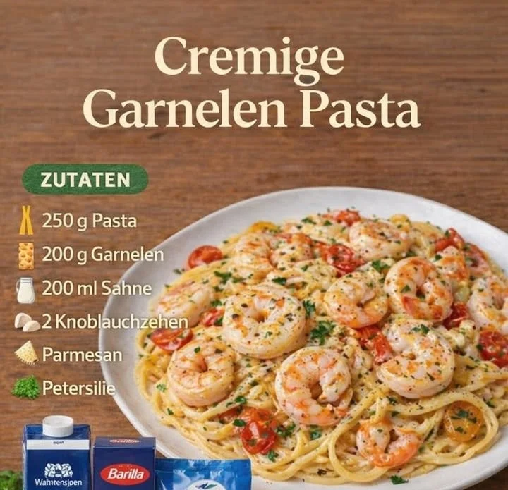 Pasta mit Garnelen und Knoblauch, serviert auf einem Teller.