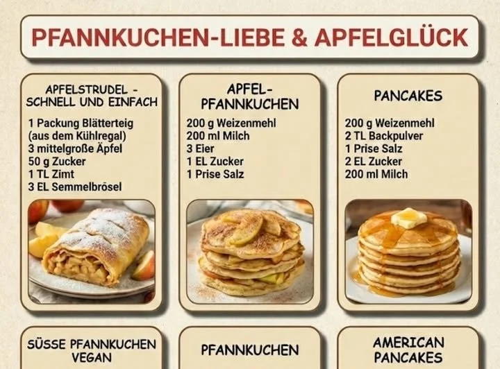Leckere Pfannkuchen mit Äpfeln und süßem Topping auf einem Teller