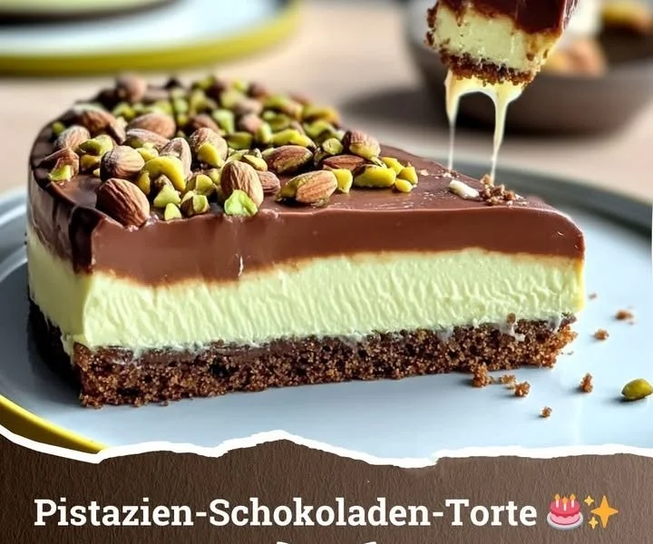 Pistazien-Schokoladenkuchen mit cremigem Belag und gehackten Pistazien