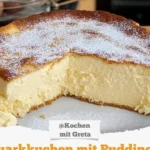 Quarkkuchen mit Pudding auf einem Teller serviert